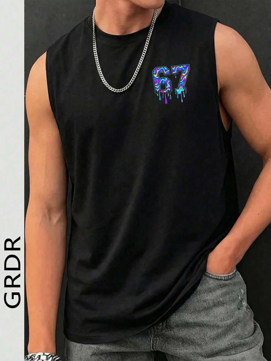 GRDR Minimalist Cool Numeric Print Summer Men's Street Fashion Casual Loose Fit Round Neck Tank Top - Black - View 1