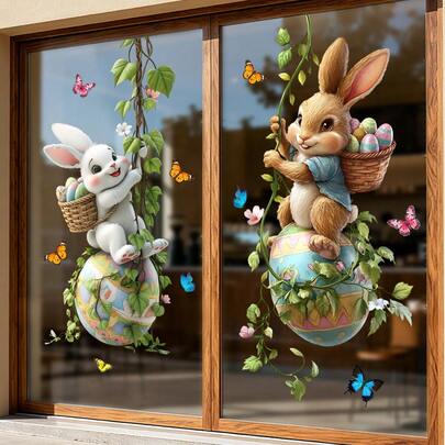 1/2pcsCute Bunny Clinging To Vines Window Sticker, Reusable PVC Electrostatic Adsorption, Suitable For Shop Windows, Restaurants, Studies, Bathroom Decorations, Easter Supplies And Gifts.
