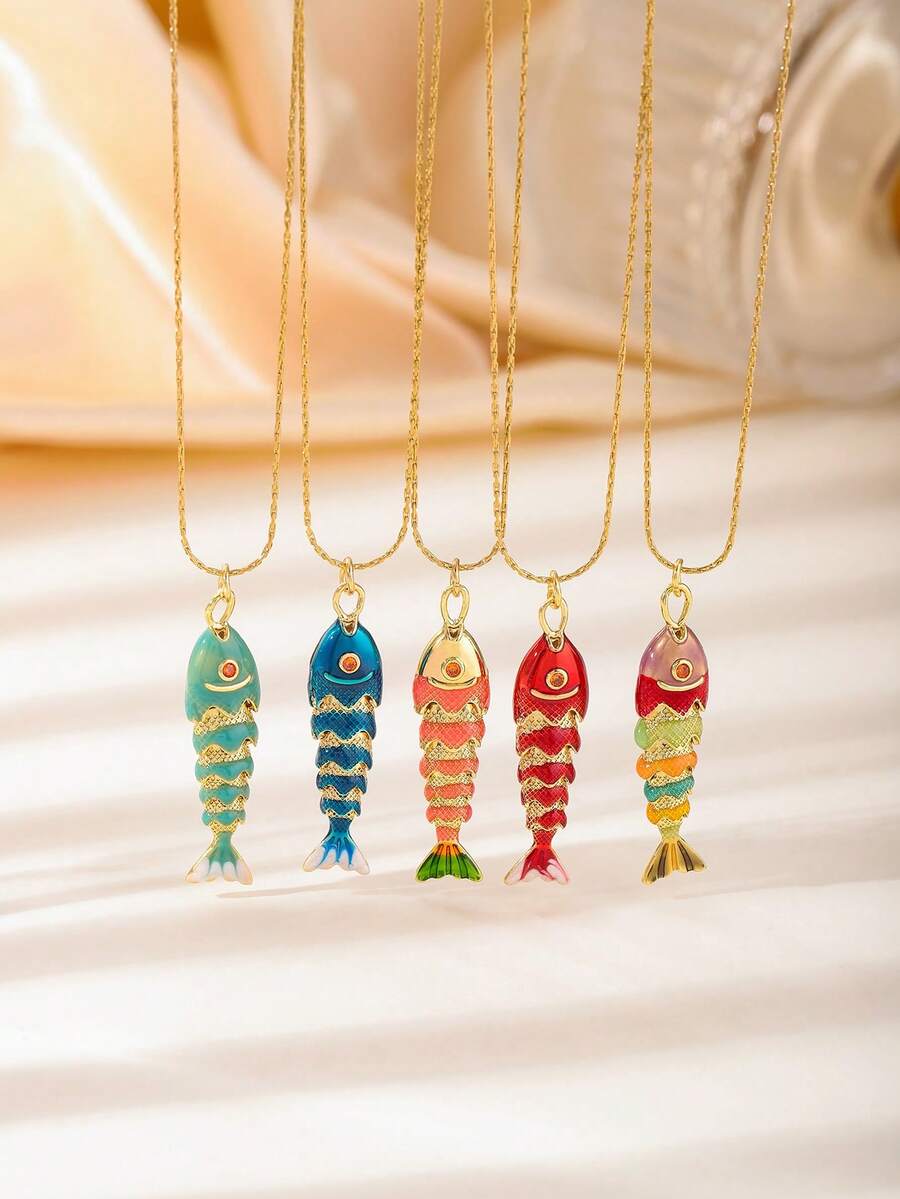 1pc Vivid Koi Fish Enamel Necklace, Multi-Color Unique Design Delicate Choker, Auspicious New Year Essential - Gold - View 1
