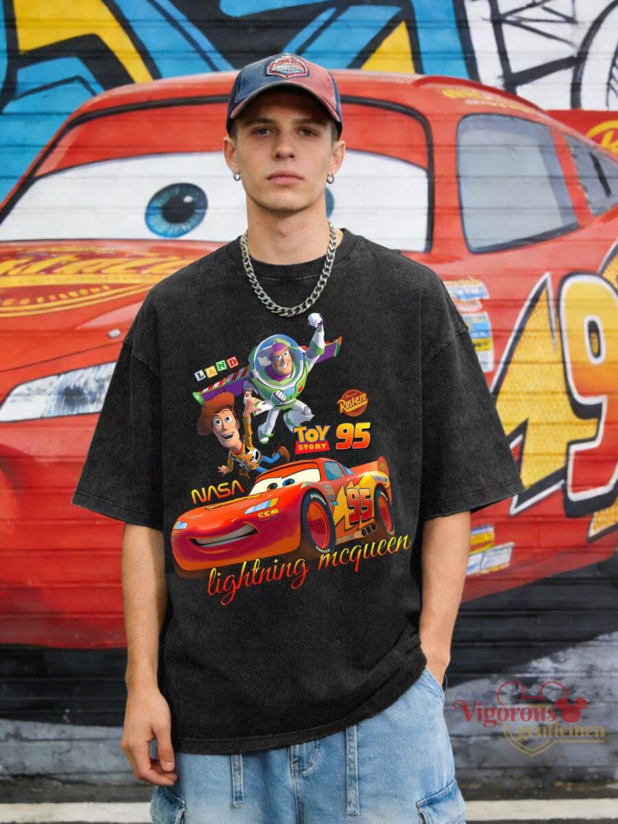 Disney Toy Story X Cars Lightning McQueen Vintage Washed T-Shirt - màu đen - Xem 1