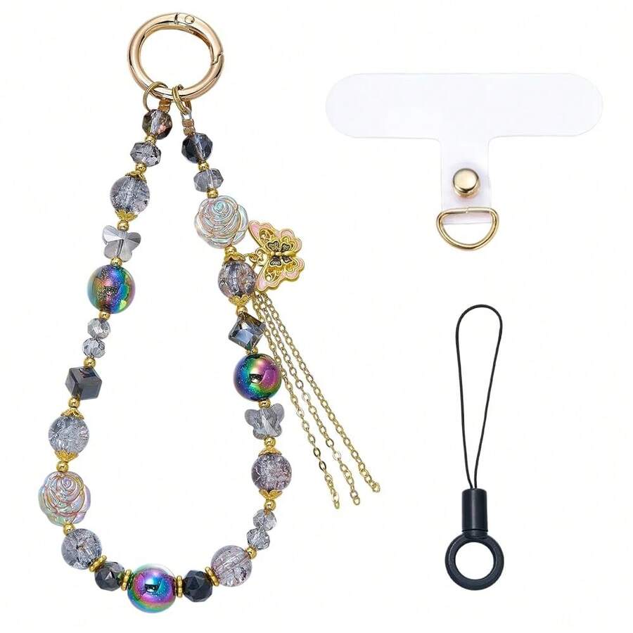 Crystal Beaded Phone Lanyard With Butterfly Bowknot Chellphone Wrist Strap Bracelet For Bags Wallet - Đen - Xem 1