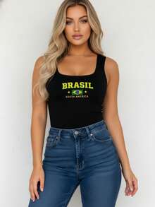 Women's Tank Top Bodysuit With Square Neckline, Brazil, South America, Printed, Chic, Elegant, Basic, Versatile, - 黑色 - 查看 1