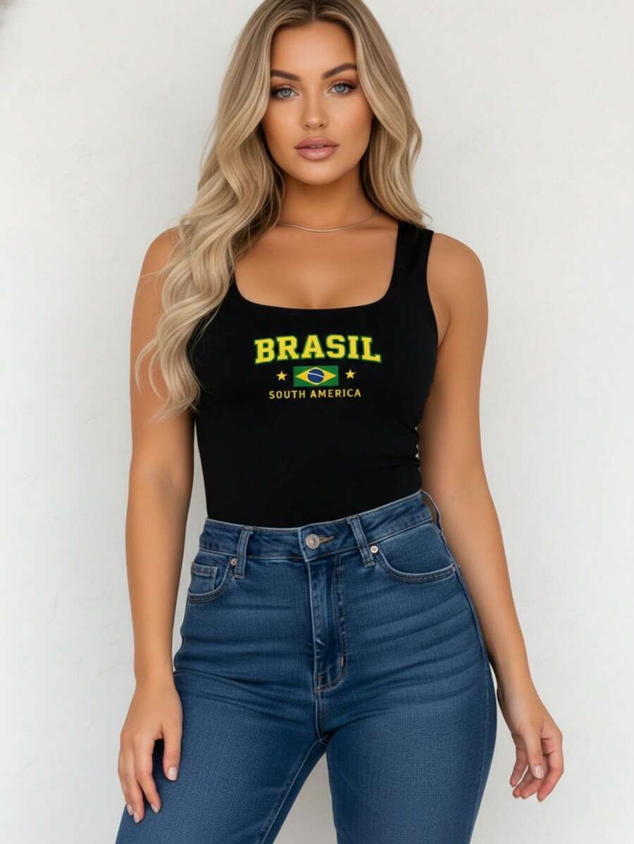 Women's Tank Top Bodysuit With Square Neckline, Brazil, South America, Printed, Chic, Elegant, Basic, Versatile, - Negro - Ver 1