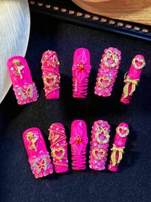 10pcs Y2K Sweet Cool Handmade Acrylic Press On Nails 1.3 Inch Medium Square, Hot Pink Gold Heart Butterfly Bling Decor, Reusable False Nails Quick Wear Easy Apply D090 - Màu Hồng Tươi - Xem 7
