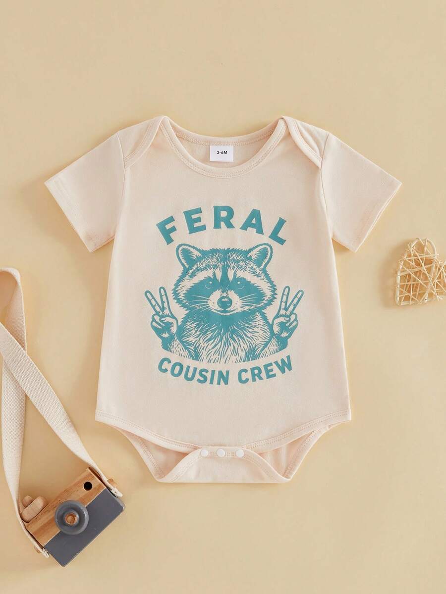 Mono de manga corta con cuello redondo y estampado de mapache para bebés y niñas - Albaricoque - Ver 1
