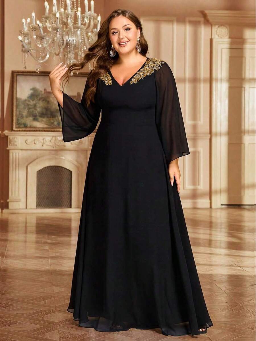 Plus Size Elegant Sequin Embroidered V-Neck Long Sleeve Formal Dress, Black Formal Gown, Party Dress, Spring/Summer Wedding Guest Dress, Holiday Dress