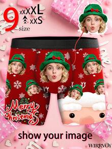 Customized Men's Briefs, Personalized With Portrait, Christmas Elements Like Snowflakes & Christmas Trees, Cartoon Patterns Available. Sizes From XXS To XXXXL, Personalized Photo Men's Boxer Briefs, Sweet Romantic Long Underwear For Men, Gift For Couples, Anniversary, Wedding, Couple, Best Friend, Boyfriend/Husband/Him, Fitness Enthusiast - Red - View 1