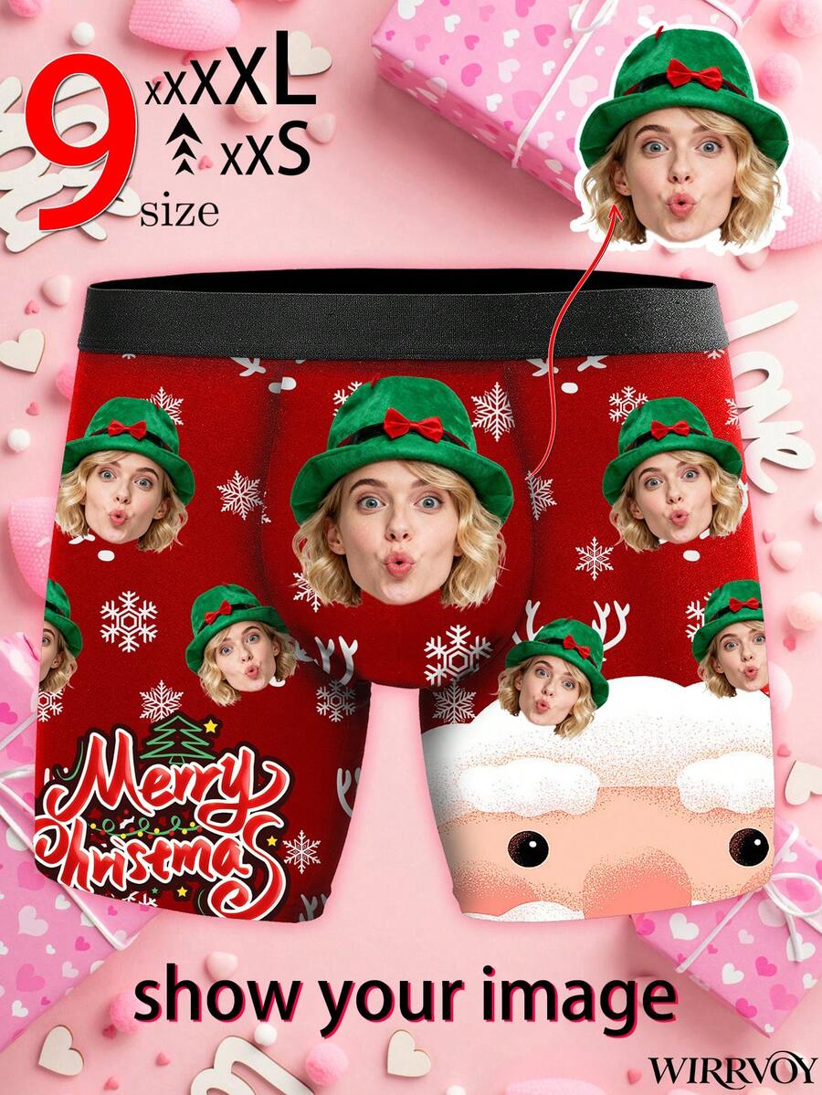 Customized Men's Briefs, Personalized With Portrait, Christmas Elements Like Snowflakes & Christmas Trees, Cartoon Patterns Available. Sizes From XXS To XXXXL, Personalized Photo Men's Boxer Briefs, Sweet Romantic Long Underwear For Men, Gift For Couples, Anniversary, Wedding, Couple, Best Friend, Boyfriend/Husband/Him, Fitness Enthusiast - Red - View 1