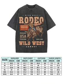 GLEC RODEO, Cowboy's Competitive Competition, Cowboy's Joyful Time, Classic Retro Fashion Casual Cowboy Riding Competition Popular Letter Pattern Printed 230g Washed Cotton T-Shirt, Men's Summer High-Quality Printed Washed Cotton Retro Fashion Brand Loose Casual Black T-Shirt, Single Piece, Suitable For Summer Outdoor Wear, With A Certain Thickness, Daily Wear And Friend Gifts, Back To School Gifts, Children's Gifts - 黑色 - 查看 2