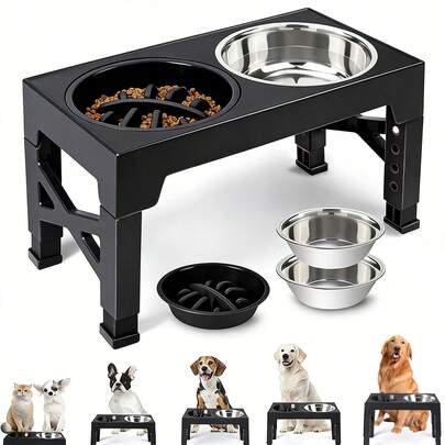 Adjustable Height Stainless Steel Dog Bowls With Foldable Metal Stand, Suitable For Small, Medium And Large Dogs