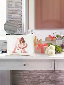 1pc Pink Ballet Girl & Letter Print Personalized Makeup Bag, Music Girl Pattern Cosmetic Storage Pouch, Personalized Letter Music Festival Bridesmaid Gift Makeup Bag,Pouch,Makeup Pouch,Travel Essential - Multicolor - View 8