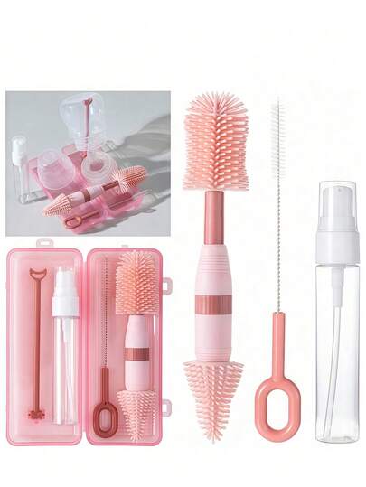 1 Set Portable Baby Bottle Brush Storage Box, Infant Nipple Cleaning Rack For Traveling, Multi-Functional With Draining Rack