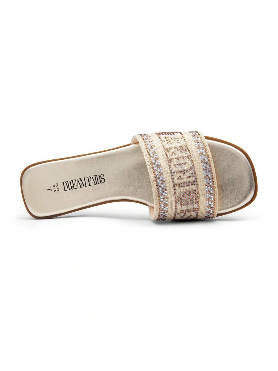 Dream Pairs Women Flat Slides Sandals Slip On Square Open Toe Jacquard Braided Fashion Slides Casual Beach Slippers Summer Vacation Shoes - 金色 - 查看 1