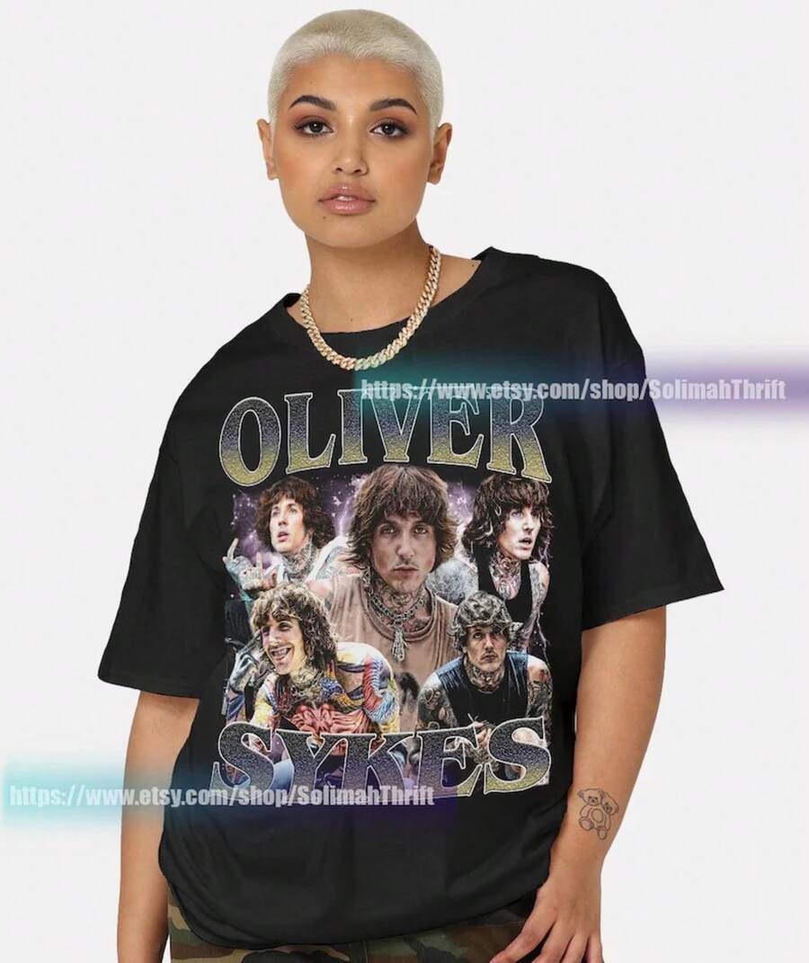 Oliver Sykes Vintage Bootleg-Shirt: Unisex Graphic TeeMen's And Women's-Wicking And Sweat-Absorbing Cotton-Shirts, With Retro Style, Millennial Style, Minimalist Style, Aesthetic Style, Retro Band Style, Sports Style, Singer Style, And Street Fashion Outfit. - màu đen - Xem 1