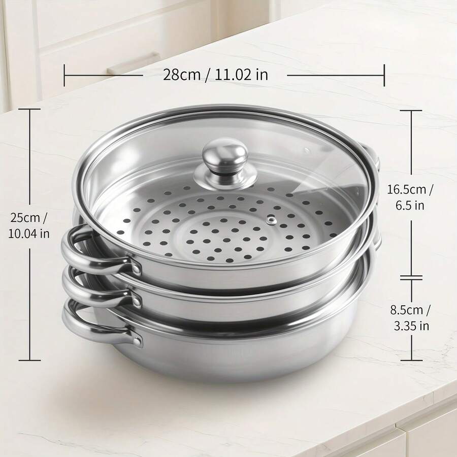 Senmeo 2/3-Layer 11.02" Wide Stainless Steel Steamer Pot - Dual Use For Steaming Boiling, Gas & Electric Stove Compatible For Family Cooking - 2nd Floor - View 1