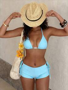 PEPPERMOLLY 2026春夏优雅性感纯色两件式泳衣，珍珠装饰复古短裤，适合海滩、泳池和运动，时尚比基尼度假装 - 淺藍色 - 查看 7