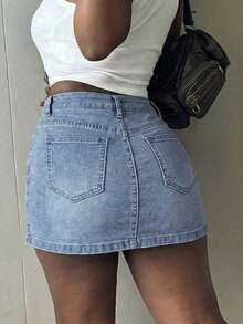 Fashionable Women's Denim Mini Shorts Straight Leg Design High Stretch Fabric With Button And Zipper - Baby Blue - View 3