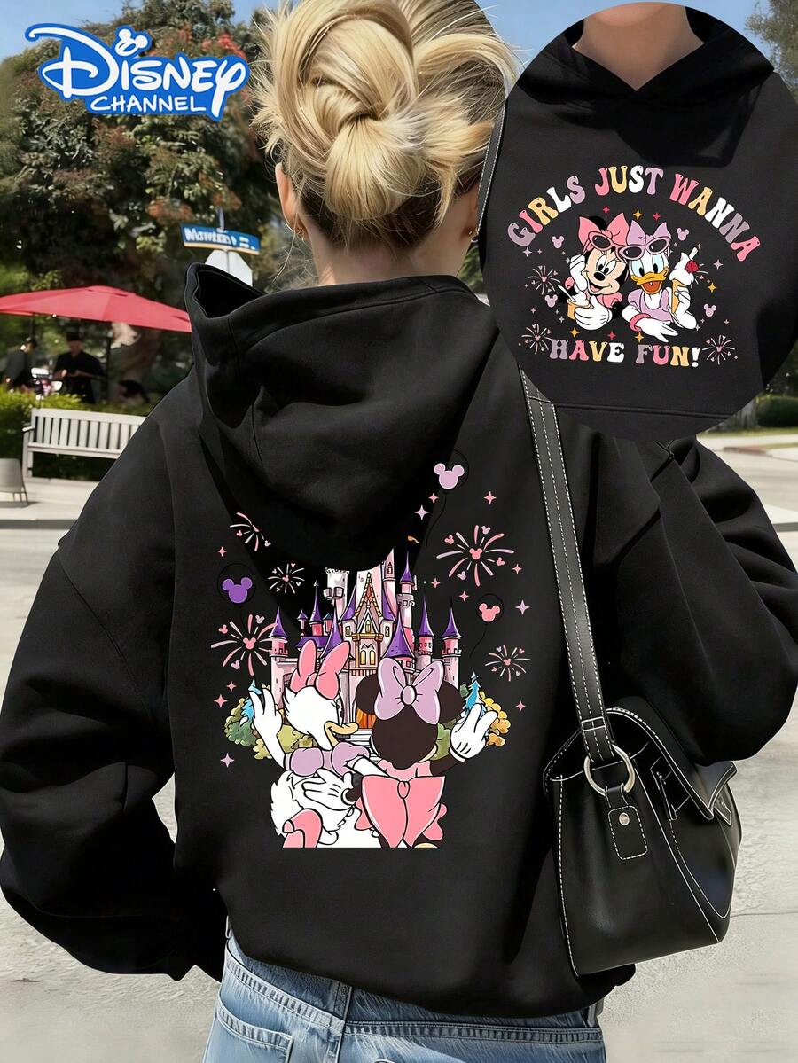 Disney Women's Hooded Sweatshirt Features A Double-Sided Print Of Minnie Mouse And Minnie's Cartoon Alphabet Design Autumn/Winter Hooded Sweatshirt Soft, Comfortable, And Warm Fabric Essential Autumn/Winter Wardrobe Piece Perfect For Everyday Casual Wear, Travel, Or Shopping Also Makes An Ideal Gift - Black - View 1