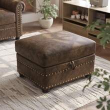 ONBRILL Brown Faux Leather Ottoman With Storage, Mid Century Modern Chesterfield Ottoman, Rectangle Nailhead Trim Ottoman Coffee Table With Solid Wood Legs, Mid Century Modern Chesterfield Ottoman, Oversized Upholstered Footrest Stool For Living Room, Bedroom, Apartment - 棕色 - 查看 1