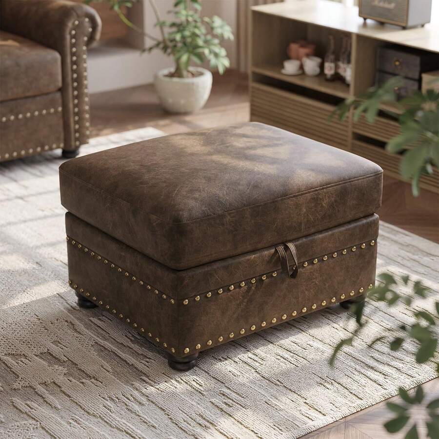 ONBRILL Brown Faux Leather Ottoman With Storage, Mid Century Modern Chesterfield Ottoman, Rectangle Nailhead Trim Ottoman Coffee Table With Solid Wood Legs, Mid Century Modern Chesterfield Ottoman, Oversized Upholstered Footrest Stool For Living Room, Bedroom, Apartment - 棕色 - 查看 1