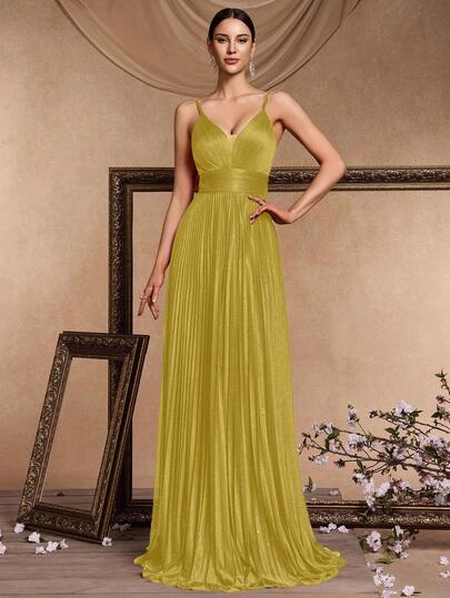 BluePlum V-Neck Spaghetti Strap Mesh Bridesmaid Dress, Long A-Line High Waist Elegant Formal Evening Gown For Wedding Party