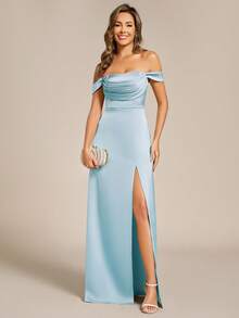 EVERPRETTY Elegante y seductor vestido de noche formal de azul claro con brillo, abertura alta y drapeado para fiesta, graduación, banquete, boda - Celeste - Ver 1