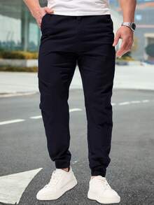 Shendy Vendy Men's Loose Drawstring Elastic Waist Cuffed Jogger Pants With Slant Pockets - 藏蓝色 - 查看 1