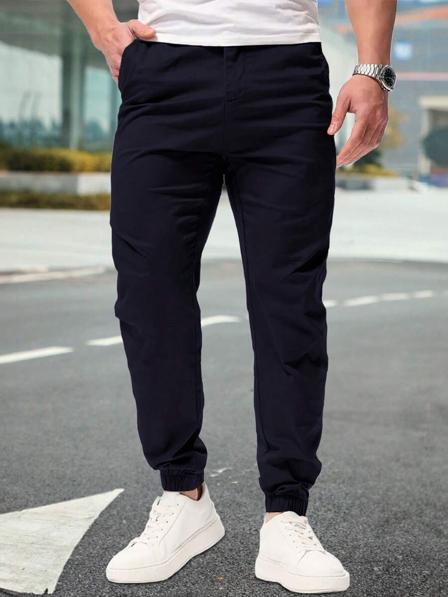 Shendy Vendy Men's Loose Drawstring Elastic Waist Cuffed Jogger Pants With Slant Pockets - 藏蓝色 - 查看 1
