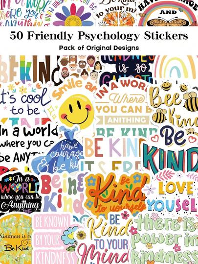 YWWBLD 50pcs Be Kind Friendly Psychology Stickers Holiday Gifts Party & Home Decor Class Reward Birthday Gift Decoration Scrapbook Laptop Luggage Guitar Water Cup Phone Case DIY Decal