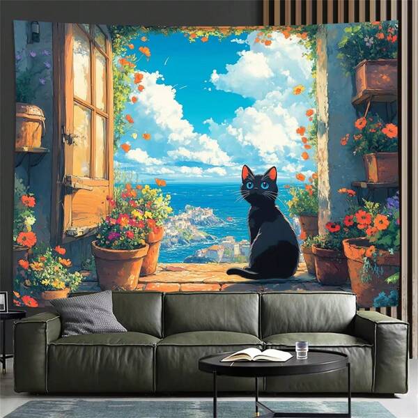 1pc Unframed Black Cat Gazing At The Sea Tapestry - Vibrant Wall Art Decor Fabric, Suitable For Living Room, Bedroom, And Party Decoration