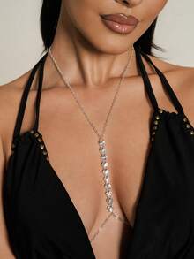 Altistry 1pc Heart Shaped Crystal Decorated Chest Chain, Sexy Body Chain Accessory, Fashionable For Nightclub, European & American Style - Silver - View 1