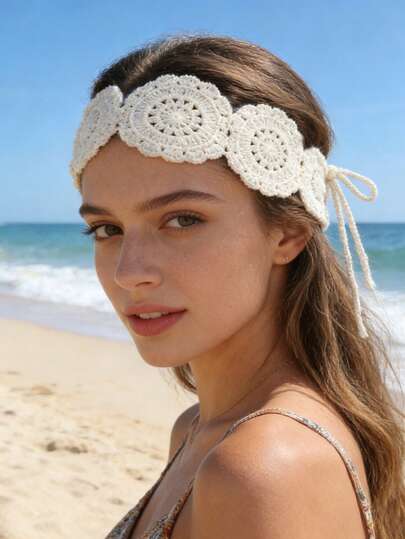 1pc Minimalist Hollow Crochet Beige Floral Headband, Simple Wide Hairband For Women, Suitable For Daily Use, Washing Face, Travel & Vacation, Sweet Decor Knitted Headband