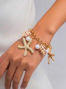 1pc Ocean Vacation Style Starfish, Shell, Seashell Pendant Double-Layer Necklace, Luxurious Elegant Vacation, Casual, Party, Date, Women's Festival Birthday Versatile Jewelry Gift - Gold - View 3