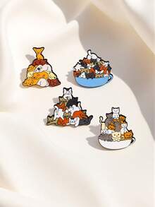 4pcs Cartoon Cat Animal Brooch, Cute Cats Playing In Bowl Stacked Design Metal Alloy Badge Clothing Accessory - Multicolor - View 7