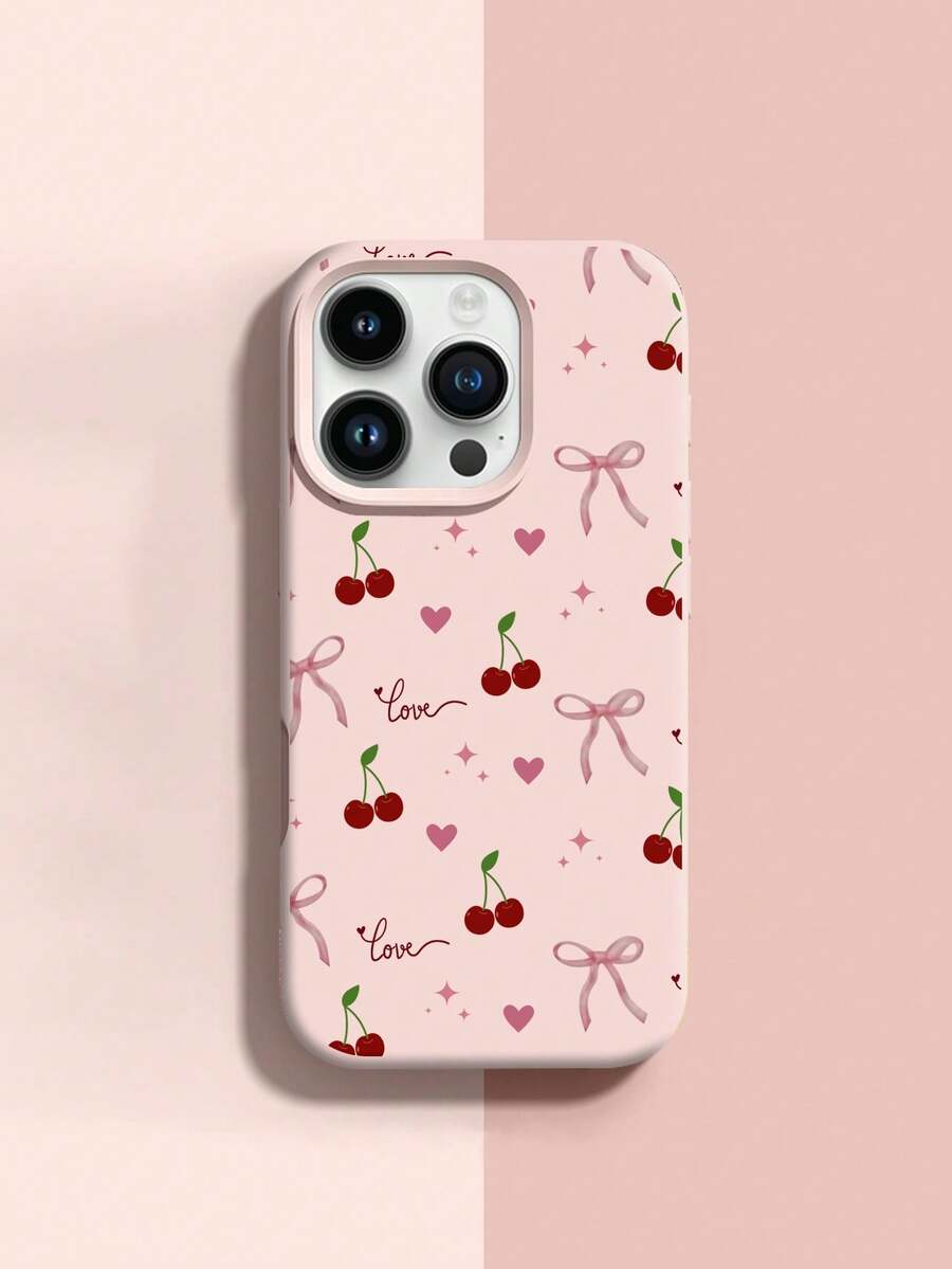 1pc Creative Cute Sweet Girl Pink Heart Bow Cherry Letter Pattern Liquid Silicone Soft Phone Case, Shockproof Cover Compatible With Apple 11/12/13/14/14Plus/15/15Plus/16/16Plus/17/17Pro - Multicolor - View 1