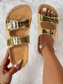 Unisex Thick Sole Birkenstocks Style Retro Casual Versatile Flat One-Strap Sandals, Suitable For Teenagers - Gold - View 3