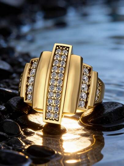 Fashion Luxury Business Ring - Golden-Tone Copper Three- Design With Sparkling Synthetic Synthetic Cubic Zirconiaia Stones, Elegant Stackable For Daily Wear, Christmas & Birthday Party Accessories, Brilliant Stone Embellished, Luxurious Appearance