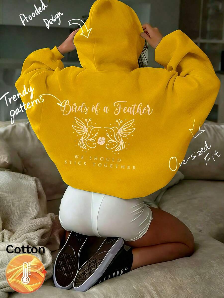 2026 Early Spring New Arrivals: Printed Back Sweatshirt, Women's Sweatshirt, Bright Orange, Simple Retro Y2K Print, Hooded Drawstring, Loose Fit, Comfortable Cotton Fabric, Versatile And Easy To Wear, Suitable For Shopping, Dates, And Daily Activities. Simple Letter Print Sweatshirt, Yellow Sweatshirt, Cotton Sweatshirt, New Spring/Summer Women's Sweatshirts, Floral Sweatshirt - Chrysanthemum Yellow - View 1