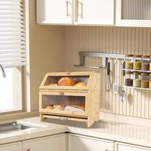 Caja de pan de doble capa con tabla de corte encimera de cocina contenedor de almacenamiento de pan con ventanas transparentes - Caqui - Ver 6