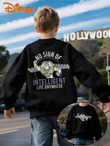 Disney Pixar Toy Story Buzz Lightyear "No Sign Of Intelligent Life" Black Crewneck Sweatshirt, Humorous Quote Print, Double-Sided Design, Soft Fleece Lining, Oversized Fit,  Casual Style, Perfect For Fans & Daily Outfits, Unisex - 黑色 - 查看 1