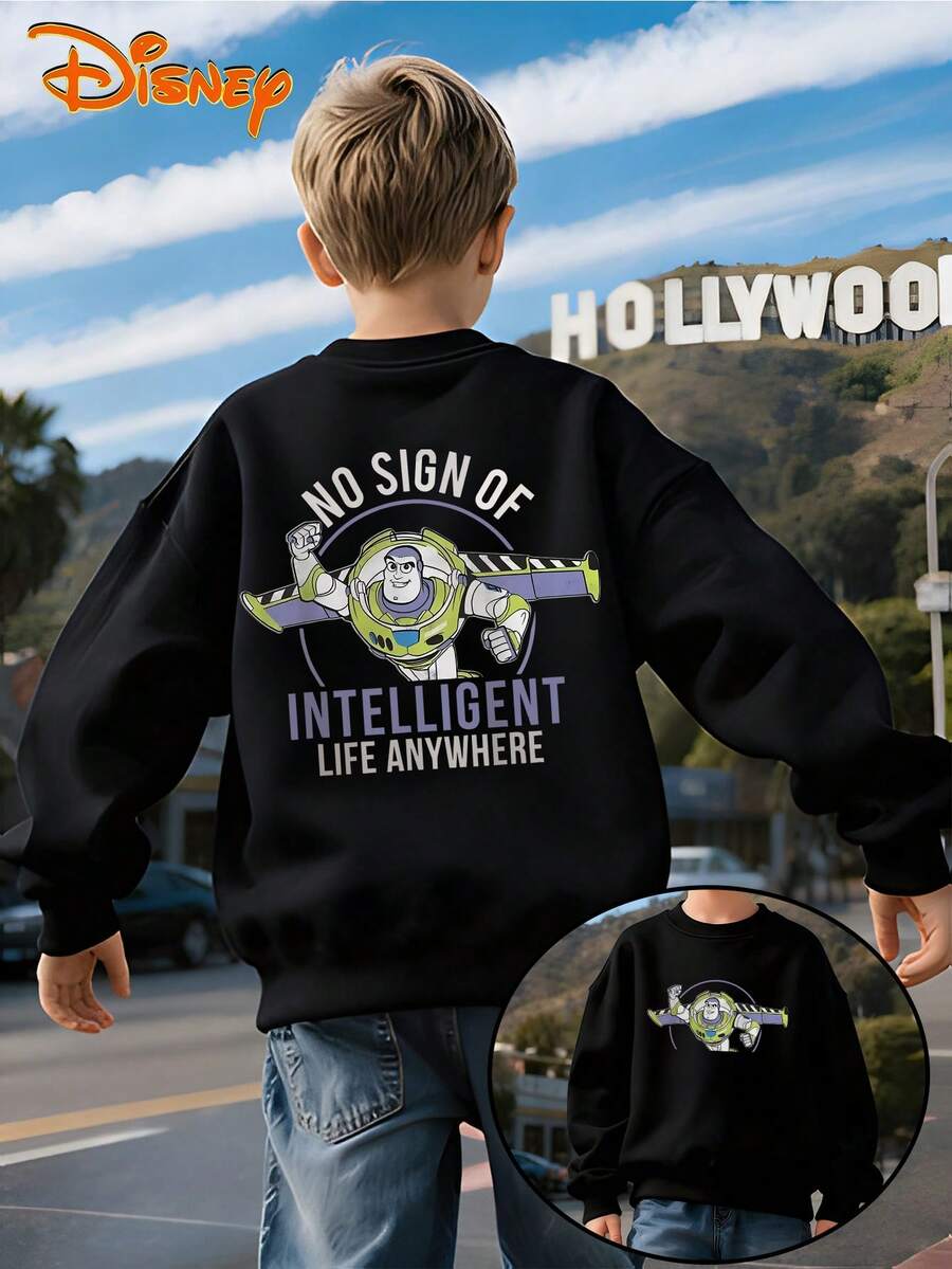 Disney Pixar Toy Story Buzz Lightyear "No Sign Of Intelligent Life" Black Crewneck Sweatshirt, Humorous Quote Print, Double-Sided Design, Soft Fleece Lining, Oversized Fit, Casual Style, Perfect For Fans & Daily Outfits, Unisex - 黑色 - 查看 1