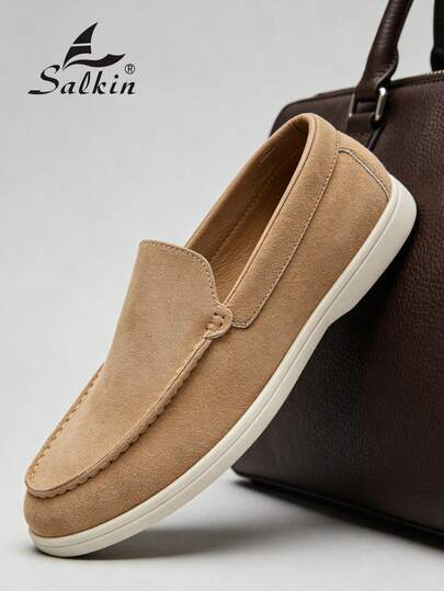 Salkin Designer Fashion Men's Slip-On Penny Loafers, Faux Suede Casual Shoes, Soft & Comfortable, Breathable Flat Dress Shoes, Versatile For Business, Party, Wedding, Spring/Summer/Fall, Plus Size, Multiple Colors Old Money Chic Autumn