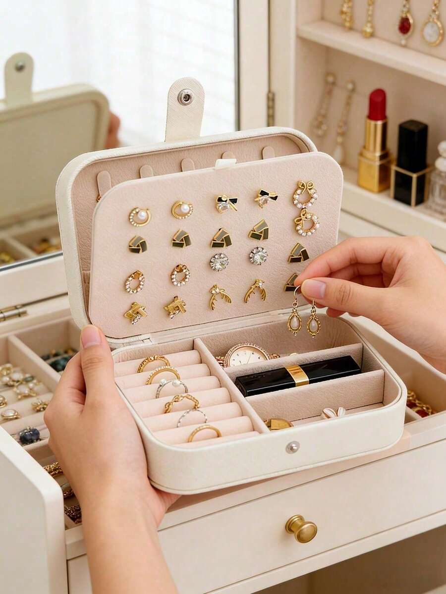1pc PU Leather Jewelry Box, Double Layer Waterproof Jewelry Organizer, Elegant Jewelry Display Case, Suitable For Earrings, Rings, Necklaces, Bracelets, Makeup Bag, Jewelry Storage Box With Compartments, Multilayer Dividers, Suitable For Gifts Like Valentine's Day, Mother's Day, Birthday