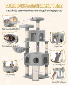 HaluPeit Cat Tree, 174cm, XL, 2 Platforms, 2 Caves, 4 Scratching Posts, 1 Cat Scratching Board, Sisal Rope, Plush Balls, Cat Tree For Multi-Cat Households - Light Grey - View 3