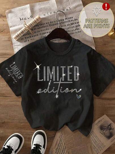 Camiseta casual de manga corta con cuello redondo y eslogan "Edición Limitada" para mujer de talla grande, adecuada para primavera, verano y otoño