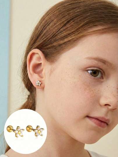 1 Pair Cute Delicate Gold-Plated Stainless Steel Zirconia Flower Decor Stud Earrings, Jewelry Accessory Party Decoration Earrings For Girl