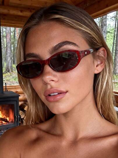 1 Pair Unisex Red Frame Oval Retro Fashion Glasses, Suitable For Vacation, Travel, Beach, Party, Music Festival, College Style, Back To School And Other Occasions