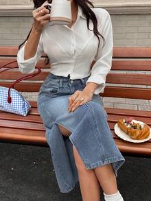 Chân váy denim nữ có thiết kế cạp chun và xẻ tà bên hông, thời trang thường ngày, đa năng. - Rửa trung bình - Xem 6