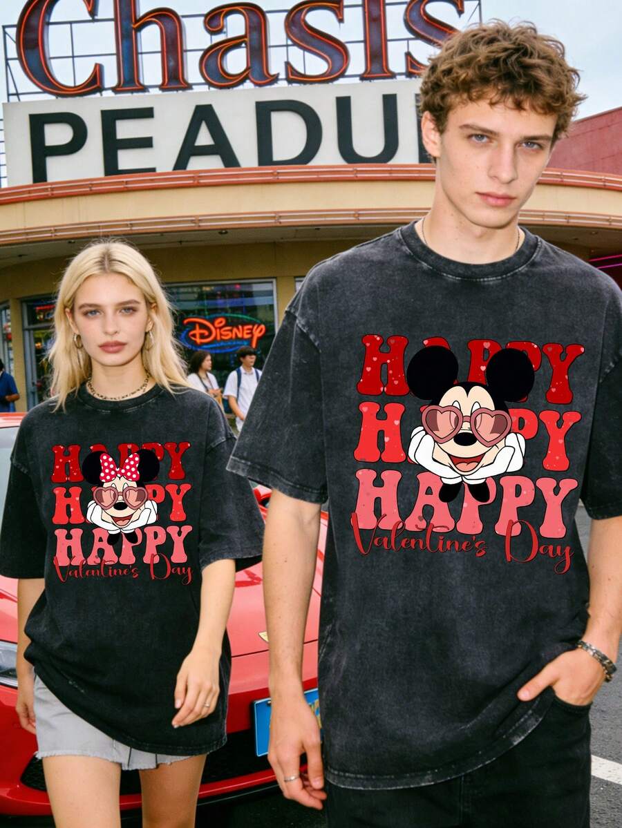 Disney Mickey And Minnie Happy Valentine's Day Couple Vintage Washed T-Shirts 180g Washed Cotton Mickey And Minnie Flower Bouquet Loose Short-Sleeved Couple's Outfit - 黑色 - 查看 1