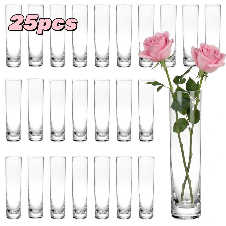 Tomnk 25/50 Pack 7.5" Tall X 1.7" Diameter Clear Glass Cylinder Vases - Multi-Use Flower Vase, Hurricane & Floating Candle Holders For Wedding Centerpieces, Home Decor, Table Displays - 透明色 - 查看 1